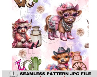 Highland Pink Cowgirl Pink JPG Seamless Pattern, Carta digitale, Digitale, Carta, Senza soluzione di continuità, Sfondo, Design, Stampabile, Modello