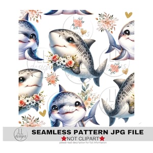 Shark flowers peachy cute  JPG  Seamless Pattern, Digital Paper,Digital,Paper,Seamless,Background,Design,Printable,Print,Pattern