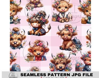 Motivo senza cuciture Plaid School Highland Cow JPG, carta digitale, digitale, carta, senza cuciture, sfondo, design, stampabile, modello