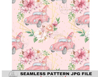 Modello senza cuciture con gnomi rosa di auto VW, carta digitale, digitale, carta, senza cuciture, sfondo, design, stampabile, stampa, modello