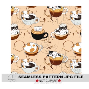 Coffee Cats Seamless Pattern, Digital Paper,Digital,Paper,Seamless,Background,Design,Printable,Print,Pattern