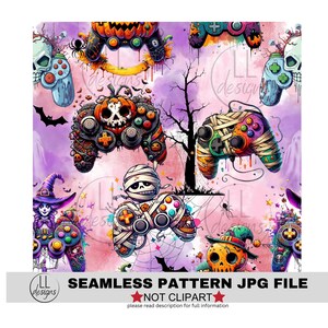 May include: A seamless pattern featuring a pink background with various Halloween-themed video game controllers. The controllers are decorated with pumpkins, skulls, and mummies. The pattern is perfect for creating spooky and fun Halloween crafts.