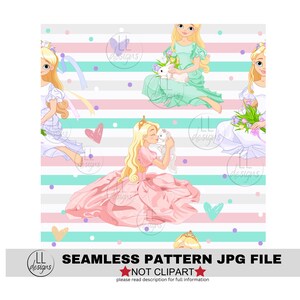 May include: A seamless pattern featuring four princesses with blonde hair and crowns. The princesses are wearing pastel-colored dresses and holding flowers and a white bunny. The background is a striped pattern with pink, gray, and turquoise stripes. The pattern is decorated with hearts and polka dots.