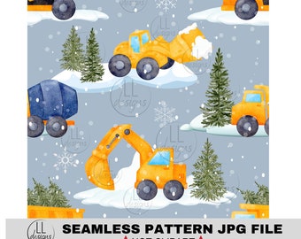 Snowy Trucks Winter Yellow Truck Seamless Pattern, Digital Paper,Digital,Paper,Seamless,Background,Design,Printable,Print,Pattern
