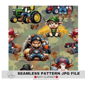 Puede incluir: Patrón sin costuras con terneros de dibujos animados con monos y sombreros, sobre un fondo de camuflaje con tractores. Los terneros llevan sombreros con las inscripciones "Country Boy" y "Try". El texto "SEAMLESS PATTERN JPG FILE" está en la parte inferior.