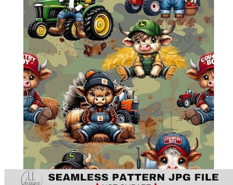 Country Boy Tractor Farm JPG Motivo senza soluzione di continuità, Carta digitale, Digitale, Carta, Senza soluzione di continuità, Sfondo, Design, Stampabile, Motivo