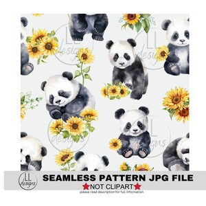 May include: A seamless pattern featuring adorable black and white panda bears and yellow sunflowers on a light blue background. The pattern is perfect for fabric, wallpaper, or other creative projects.