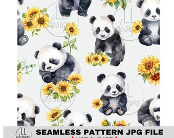Modello JPG senza cuciture con simpatici panda di girasoli, carta digitale, digitale, carta, senza cuciture, sfondo, design, stampabile, stampa, modello