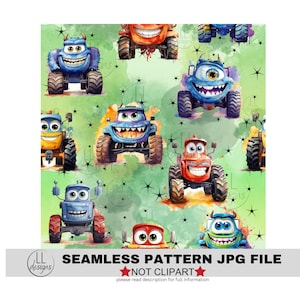 Monster Trucks friends Seamless Pattern, Digital Paper,Digital,Paper,Seamless,Background,Design,Printable,Print,Pattern