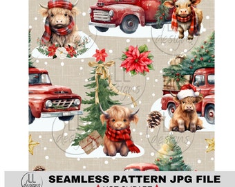 Modello senza cuciture di Natale con mucca scozzese rossa, carta digitale, digitale, carta, senza cuciture, sfondo, design, stampabile, modello