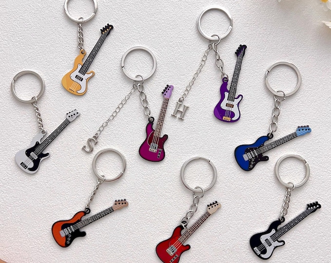 Custom Guitar Keychain, Initial Key Chain, Unique Key Holder with Name, Guitar Lovers Gifts, Guitar Handbag Charms, Stainless Steel Key Ring