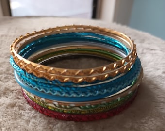 Thin Gold and Colourful Stacking Bangle Bracelets