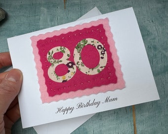 personalised custom handmade 80th birthday card, hand sewn 80 card for husband or wife or relatives, happy eightieth birthday mum