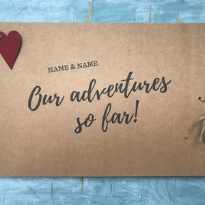 personalised travel scrapbook album, our adventures so far, rustic kraft memory book, vacation holiday photo album, wedding gift idea
