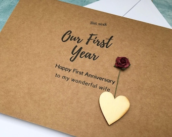 Our first year first anniversary card with paper rose, paper wedding anniversary card for husband, custom 1st anniversary card for wife