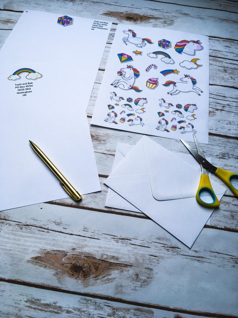 Personalized stationary set kawaii stationary set with custom letterhead paper /& stickers cute Rainbow unicorn stationary set