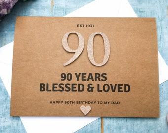 custom handmade 90th birthday card, personalized 90th card blessed and loved, 90 card for dad, handmade personalised age birthday card 90