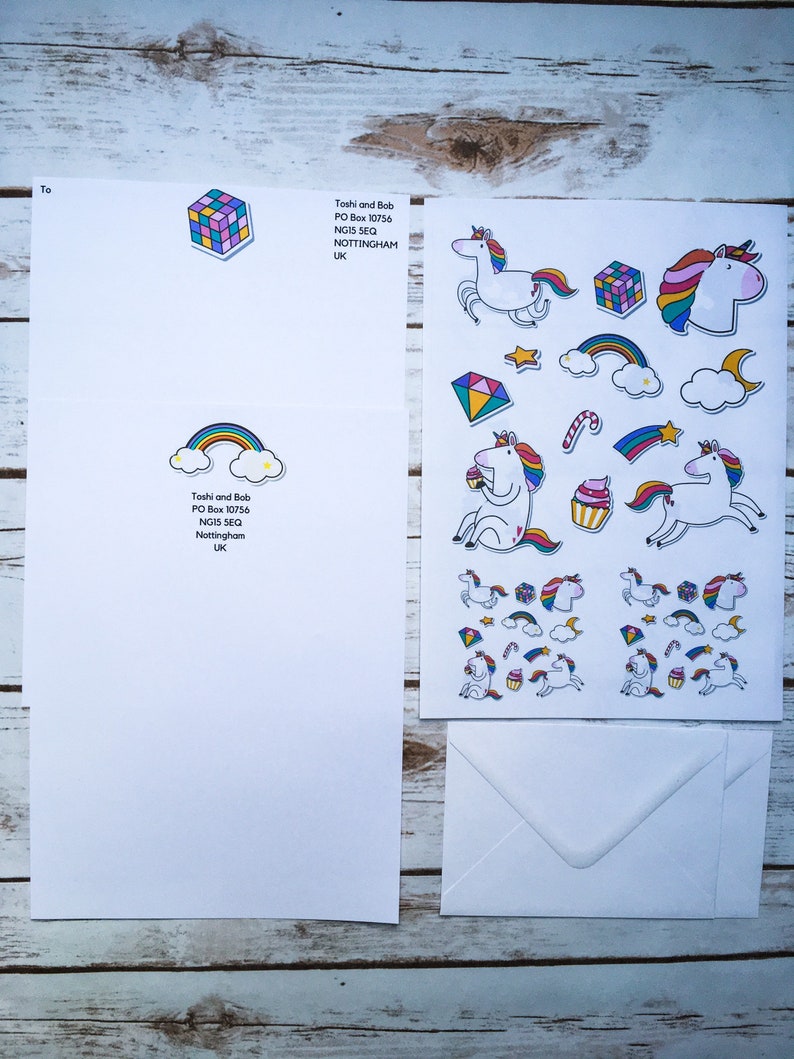 Personalized stationary set kawaii stationary set with custom letterhead paper /& stickers cute Rainbow unicorn stationary set