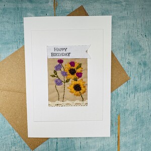 Handmade hand embroidered birthday card, unique textile art card, slow stitched flower card, floral birthday card for mum image 10