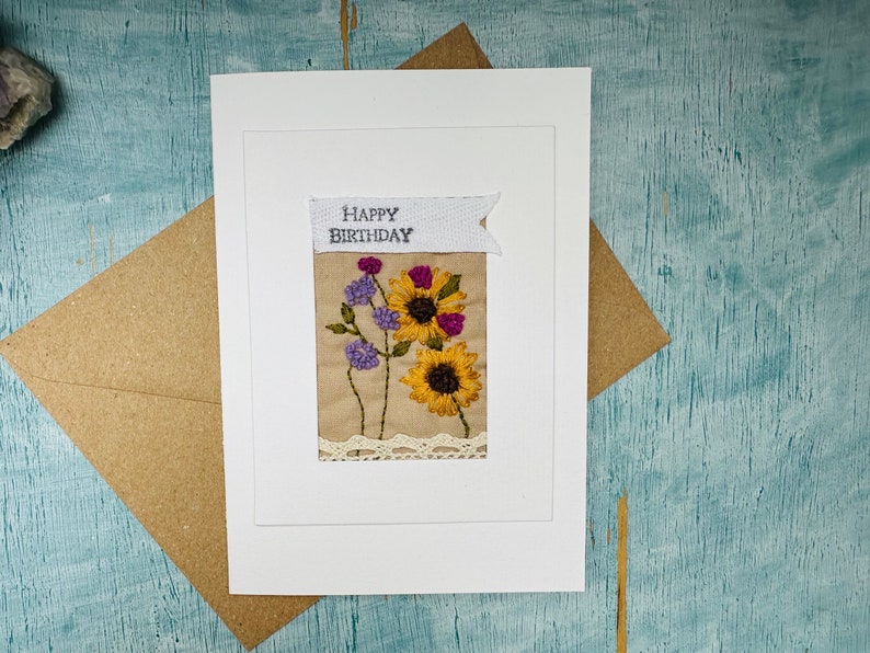 Handmade hand embroidered birthday card, unique textile art card, slow stitched flower card, floral birthday card for mum image 10