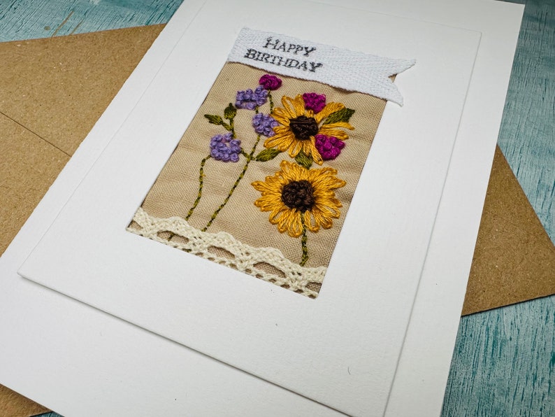 Handmade hand embroidered birthday card, unique textile art card, slow stitched flower card, floral birthday card for mum image 9