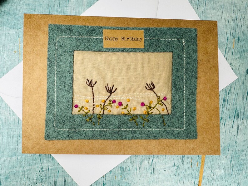 Handmade hand embroidered birthday card, unique textile art card, slow stitched flower card, floral birthday card for mum image 5