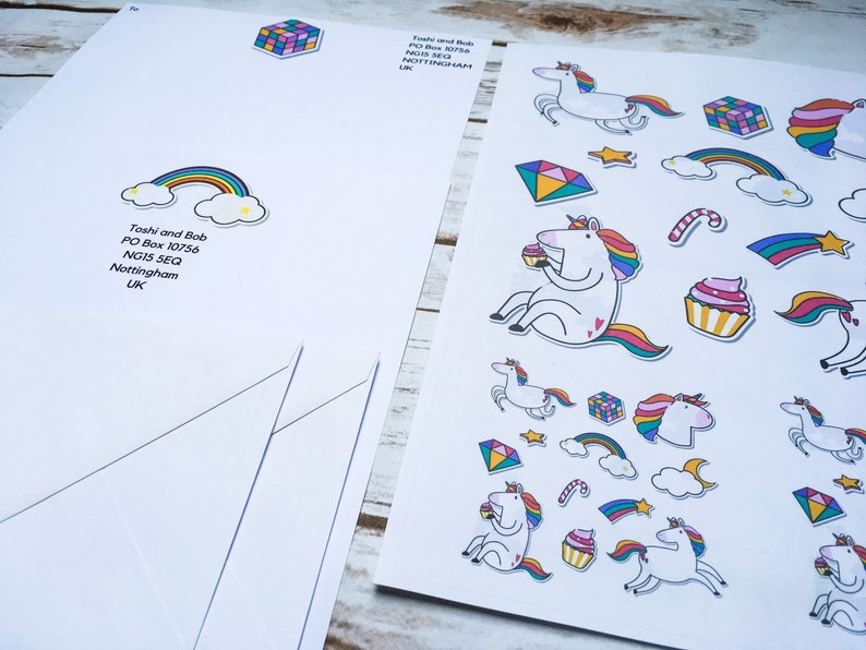 Personalized stationary set kawaii stationary set with custom letterhead paper /& stickers cute Rainbow unicorn stationary set