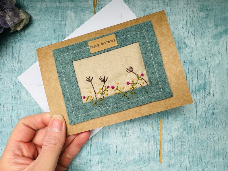 Handmade hand embroidered birthday card, unique textile art card, slow stitched flower card, floral birthday card for mum A6 - card B