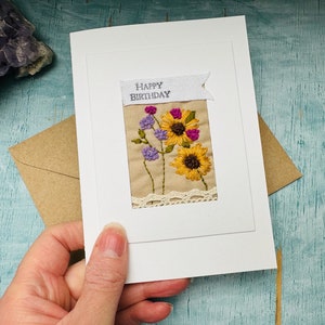 Handmade hand embroidered birthday card, unique textile art card, slow stitched flower card, floral birthday card for mum A6 -card A