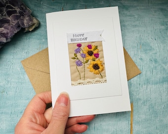 Handmade hand embroidered birthday card, unique textile art card, slow stitched flower card, floral birthday card for mum