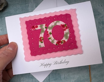 personalised custom handmade 70th birthday card, hand sewn 70 card for wife or mother in law, happy eightieth birthday mum