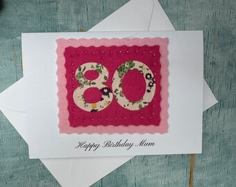 personalised custom handmade 80th birthday card, hand sewn 80 card for husband or wife or relatives, happy eightieth birthday mum