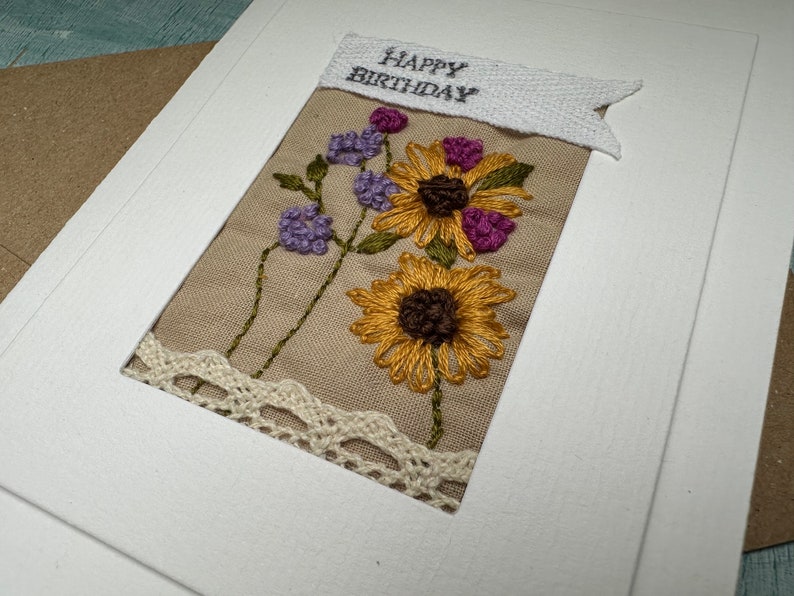 Handmade hand embroidered birthday card, unique textile art card, slow stitched flower card, floral birthday card for mum image 8