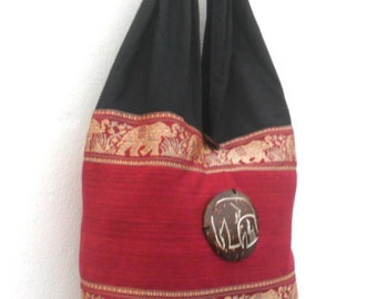 Lady Women Tote Bag Sling Thai Hippie Hobo Red Black color Bag Crossbody Bag Hippie Boho Bohemian Bag Purse Messenger Gift Bag
