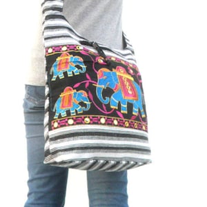 Sling Elephant Bag Hobo Bag Boho Bag Hippie Bag Crossbody Bag Embroidered Bag Shoulder Bag Messenger Bag Black White Green Color Handbags