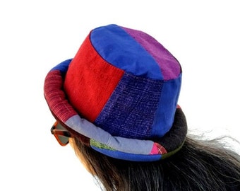 Blue and Red Bucket Hat, Patchwork Boho Hat, Hippie Hat, Hipster Hat, Festival Hat, Bohemian Hat, Rolled Brim Summer Hat