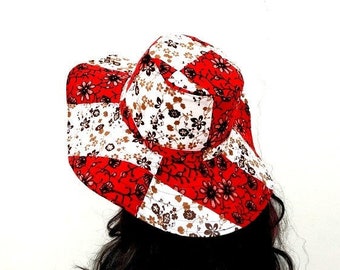 Red White Brim Hat, Bucket Hat, Boho Hat, Hippie Hat, Hipster hat, Floral Bohemian hat, Sun Hat, Beach hat, Wide brim, Summer Hat