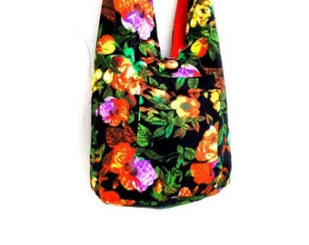 Floral Hobo Bag, Reversible Sling Bag, Flower Tote, Floral Crossbody Bag, Rasta Bag, Reggae Purse, Boho Bag, Vegan Bag, Hand Bag, Beach Bag