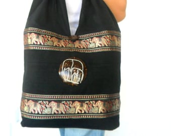Tote Bag, Black Color Hobo, Elephant Bag, Boho, Bohemian Bag Hippie Shoulder Bag Sling Shoulder Bag Crossbody Bag Purse Messenger Gift Bag