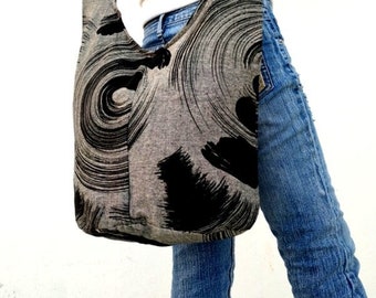 Black Bag, Gray Hobo Bag, Boho Bag, Bohemian Bag, Art Purse, Art Bag, Hippie Bag, Purse, Festival Bag, Everyday Bag