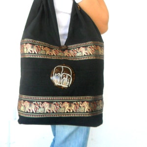 Tote Bag, Black Color Hobo, Elephant Bag, Boho, Bohemian Bag Hippie Shoulder Bag Sling Shoulder Bag Crossbody Bag Purse Messenger Gift Bag