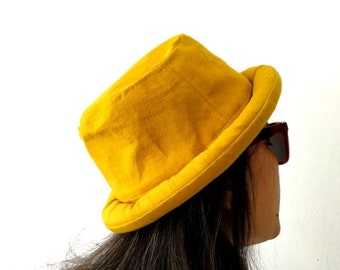 Yellow Mustard Bucket Hat, Hipster Hat, Festival Hat, Boho Bohemian Hat, Hippie Hat, Funky Gift, Bowler Hat, Rolled brim Yellow Bucket Hat