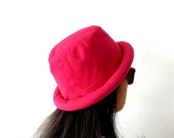 Pink Bucket Hat, Hipster Hat, Festival Hat, Boho Bohemian Hat, Hippie Hat, Funky Gift, Bowler Hat, Rolled brim Pink Bucket Hat