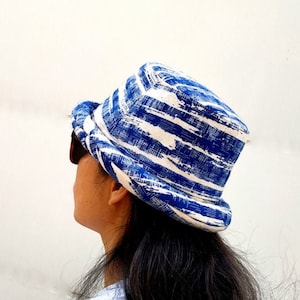 Blue white Hat, Roll Brim Hat, Boho Hat, Striped Hat, Vegan Hat, Festival Hat, Hippie Bucket Hat, Tribal Hat, Festival Hat, Bohemian Hat