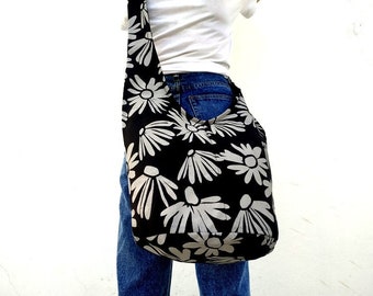 Sling Bag Hobo Bag Boho Bag Hippie Floral Bag Crossbody Bag Bohemian Bag Shoulder Bag Messenger Bag Black White color Hippie Bag Handbags