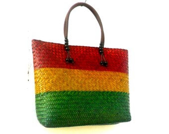 Rasta Straw Bag, African Bag, Caribbean Bag, Beach Bag, Rasta Bag, Wicker Bag, Straw Tote, Straw Handbags, Seagrass Bag, Gift Bag 17" X 14"