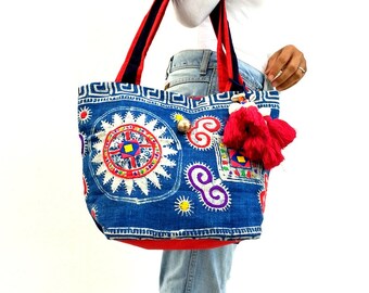 Tote Vintage Embroidered, Bohemian Bag, Ethnic, Hippie, Artistic, Boho, Hobo, Hand woven hemp indigo Purse, indie bag, One of a kind Bag