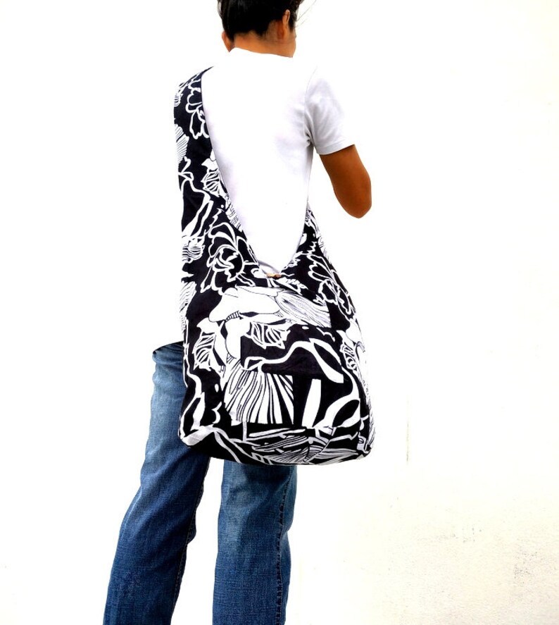 Reversible Sling Bag Boho Bag Hobo Hippie Bag Hippie Bag Crossbody Bag Bohemian Bag Shoulder Bag Messenger Bag Black white Color image 1