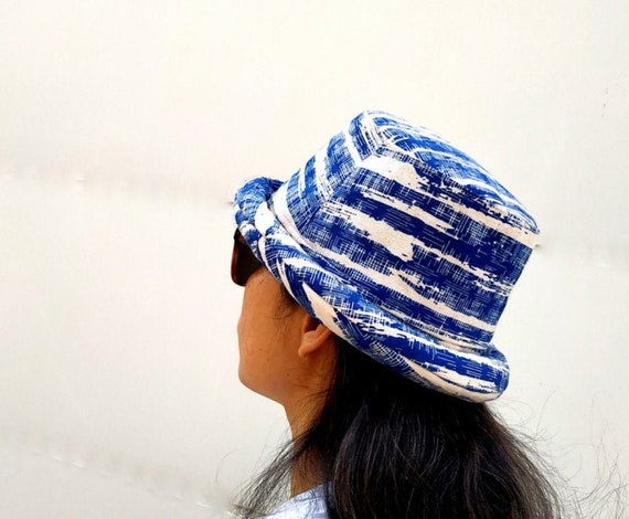 Blue White Hat Roll Brim Hat Boho Hat 