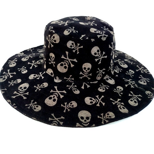 Skeleton Brim, Gothic Bucket Hat, Boho Hat, Hippie Hat, Vampire Hat, Halloween Brim, Bohemian hat, Pirate Hat, Beach hat, Skull Wide Brim,